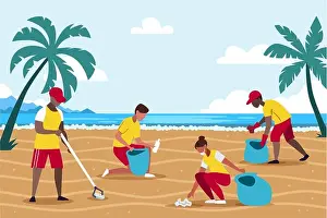 Volunteering Prints: Illustration of people cleaning beach Vector illustration