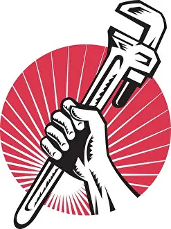 Repairman Prints: illustration of a Plumber hand holding monkey wrench side view set inside circle with sunburst done in retro style
