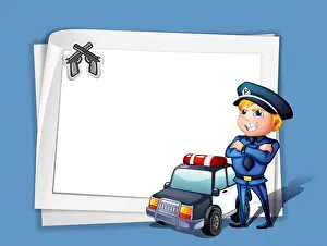 Notepaper Prints: Illustration of a policeman with a police car beside a blank paper on a blue background