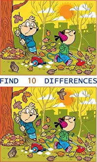 Difficulty Prints: Illustration with a puzzle where you need to find ten differences in the pictures with children removing fallen leaves