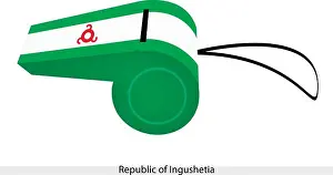 Eurasia Prints: An Illustration of A Red Triskelion Symbol with Two Green Stripes on A White Field of The Republic of Ingushetia Flag