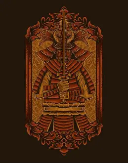 Samurai Prints: Illustration samurai warriors with vintage engraving ornament