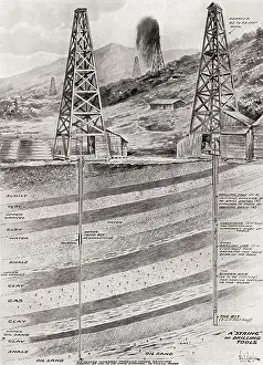 Drilling Prints: Illustration showing oil derricks boring for oil in England in 1919