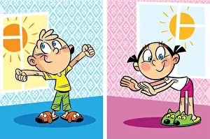 Awake Prints: The illustration shows a boy and a girl who do morning exercises in the room