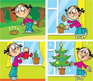 Claus Prints: The illustration shows a comic about how the girl found a lump in the woods