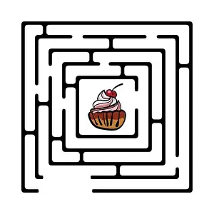Labyrinth Prints: Illustration of simple maze with cupcake