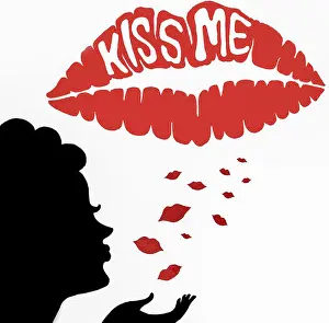 Red Lips Prints: Illustration woman blowing a kiss with Kiss Me words and red lips