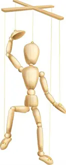 Strings Prints: An illustration of a wooden marionette or puppet figure or man on strings