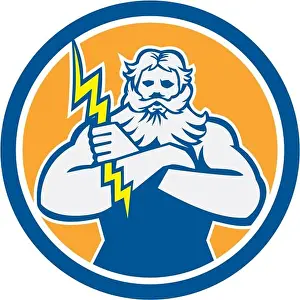Illustration of Zeus Greek arms cross holding thunderbolt set inside circle on isolated background done in retro style