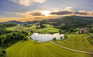Bavarian Forest Prints: Image of aerial photography with drone of landscape in Bavarian forest of Ebenreuther lake during sunset