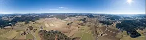Bavarian Forest Prints: Image of aerial photography with drone of village Grossarmschlag near Grafenau in Bavarian forest with mountains Arber