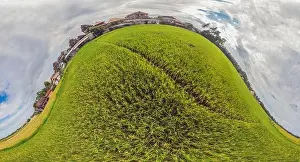 Rice Field Prints: Image of beautiful Terraced rice field in water season and Irrigation from drone