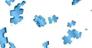 Digitally Prints: Image of blue pieces of puzzle falling on white background