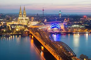 Cityscape Prints: Image of Cologne with Cologne Cathedral during twilight blue hour in Germany