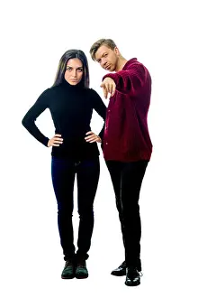 Pants Prints: Image guy blonde and brunette girl in pants on a white background