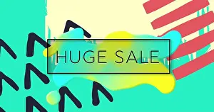 Yellow Background Prints: Image of huge sale text in black frame over multi coloured abstract shapes on yellow background