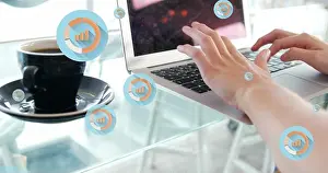 Coffee Cup Prints: Image of multiple graph icon in circles over coffee cup and caucasian woman working on laptop