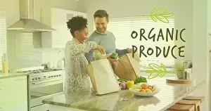 Balanced Prints: Image of organic produce text over diverse couple preparing healthy meal in kitchen