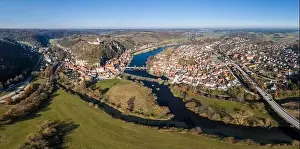 Image of an panorama aerial view with a drone of the city view of the market Kallmünz Kallmuenz in Bavaria