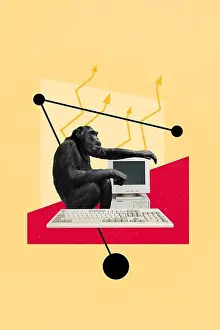 Coworking Prints: Image poster magazine collage of monkey working using pc computer feel stupid about company growth statistics