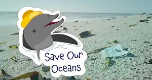 Debris Prints: Image of save our oceans text with dolphin over rubbish on beach