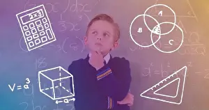 Digitally Prints: Image of school items over thoughtful caucasian boy