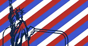 Digitally Prints: Image of stripes and stars coloured with flag of usa over statue of liberty