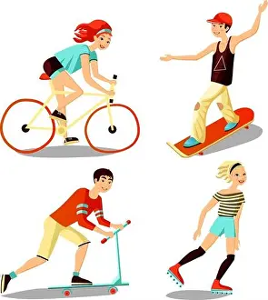 Roller Prints: Images people mini set of young riders including roller skateboarder bicyclist scooter cartoon isolated vector