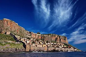 Wonders Prints: Impressive view of the medieval castletown of Monemvasia from the sea