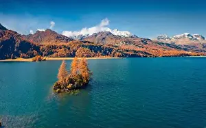 Dreamland Prints: Incredible autumn view from flying drone of Sils Lake (Silsersee)