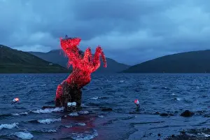 Sorvagsvatn Prints: Incredible evening scene with luminous horse Nix Statue