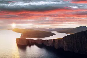 Incredible panoramical view of Sorvagsvatn lake on cliffs of Vagar island in sunset time, Faroe Islands, Denmark. Landscape photography