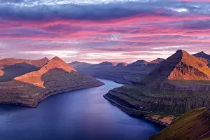 Funningur Prints: Incredible purple sunset over majestic fjords of Funningur