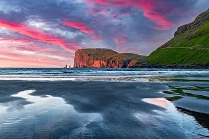 Incredible sunset in low tide time on Atlantic ocean coast
