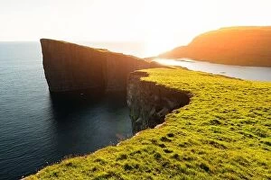 Images Dated 8th August 2019: Incredible view of Sorvagsvatn lake on cliffs of Vagar island in sunset time, Faroe Islands, Denmark