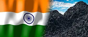 Fossil Fuel Prints: India - country flag and pile of coal - 3D illustration