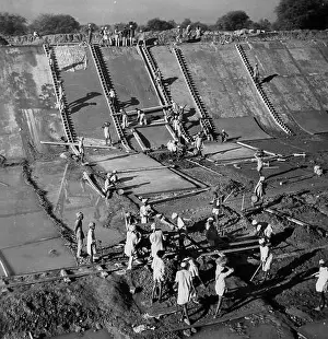 Labourers Prints: India, historic picture of a dam construction for irrigation purpose in 1970's