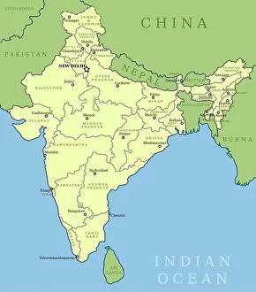 Hyderabad Prints: India map. Outline illustration country map with state names and their capital cities