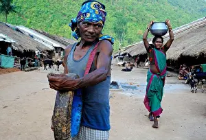 Orissa Prints: India, Odisha, a musician plays music in a village of Desia Kondh ethnic group