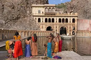 Group Of Prints: India Rajasthan state Jaipur women bathing in the Galta Temple dedicated to the monkey god Hanuman