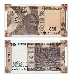 Gandhi Prints: Indian 10 rupee paper currency new note front and back side design isolated on white background