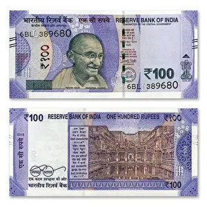 Indian 100 rupee paper currency new note front and back side design isolated on white background