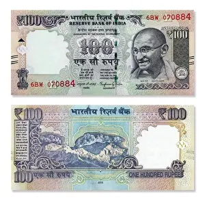 Indian 100 rupee paper currency old note front and back side design isolated on white background