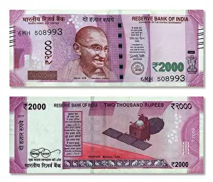 2000 Prints: Indian 2000 rupee paper currency note front and back side isolated on white background