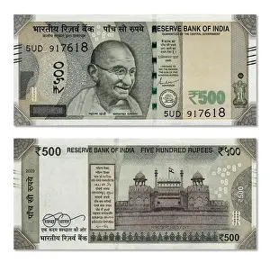 Side Prints: Indian 500 rupee paper currency note front and back side design isolated on white background