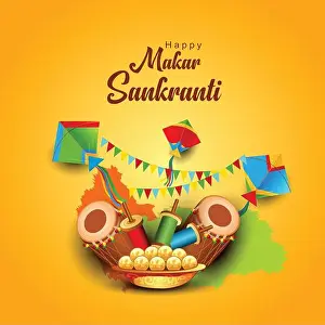 Yellow Vector Vectors Prints: Indian festival Happy Makar Sankranti poster design with group of colorful kites flying cloudy sky