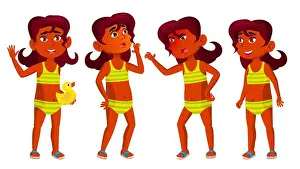 Schoolchild Prints: Indian Girl Kid Poses Set Vector