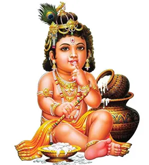 Hindu Festival Prints: Indian God Lord Krishna with his flute making magical tunes