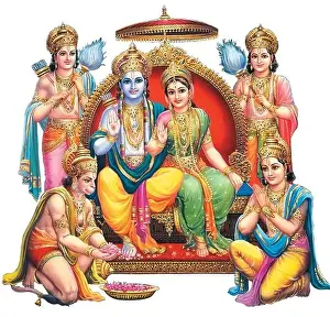 Hindu Festival Prints: Indian God Rama with Sita and Hanuman