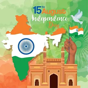 indian happy independence day, celebration 15 august, with gateway and map of india
